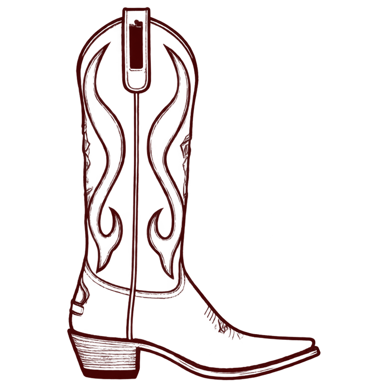 Hand-drawn cowboy boot with flame inlays